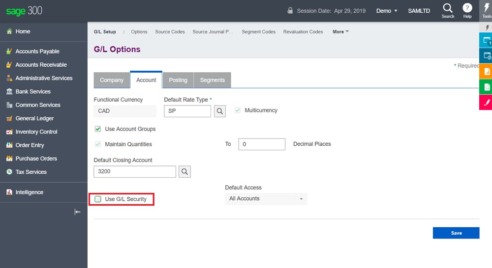 Sage 300cloud Accpac GL Security